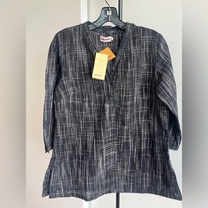 NWT Fabindia Kurta Tunic Top Kurta Handwoven Khaki 100% Cotton Black & White Med